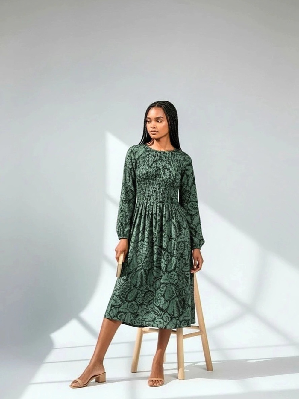 Floral Midi Dress Green Black XL Like New